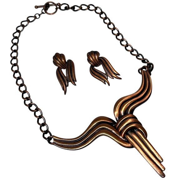Statement Necklace & Pierced Earrings Set Copper Tone on Metal Costume Jewelry - Picture 1 of 7